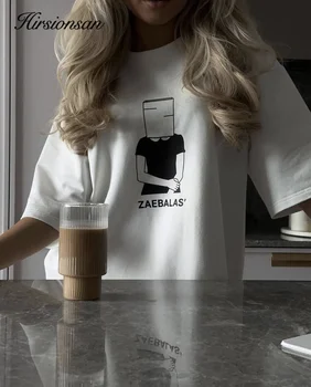 Hirsionsan-تي شيرت مطبوع مضحك للنساء ، فضفاض ، كاجوال ، ناعم ، كلاسيكي ، ل ، قطن ، دائري ، عام 2k ، صيف ،! 1