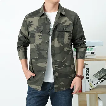 2025 Camicia mimetica da uomo a maniche lunghe Abbigliamento da lavoro in cotone Vestibilità ampia Cappotto militare da esterno casual Primavera Autunno