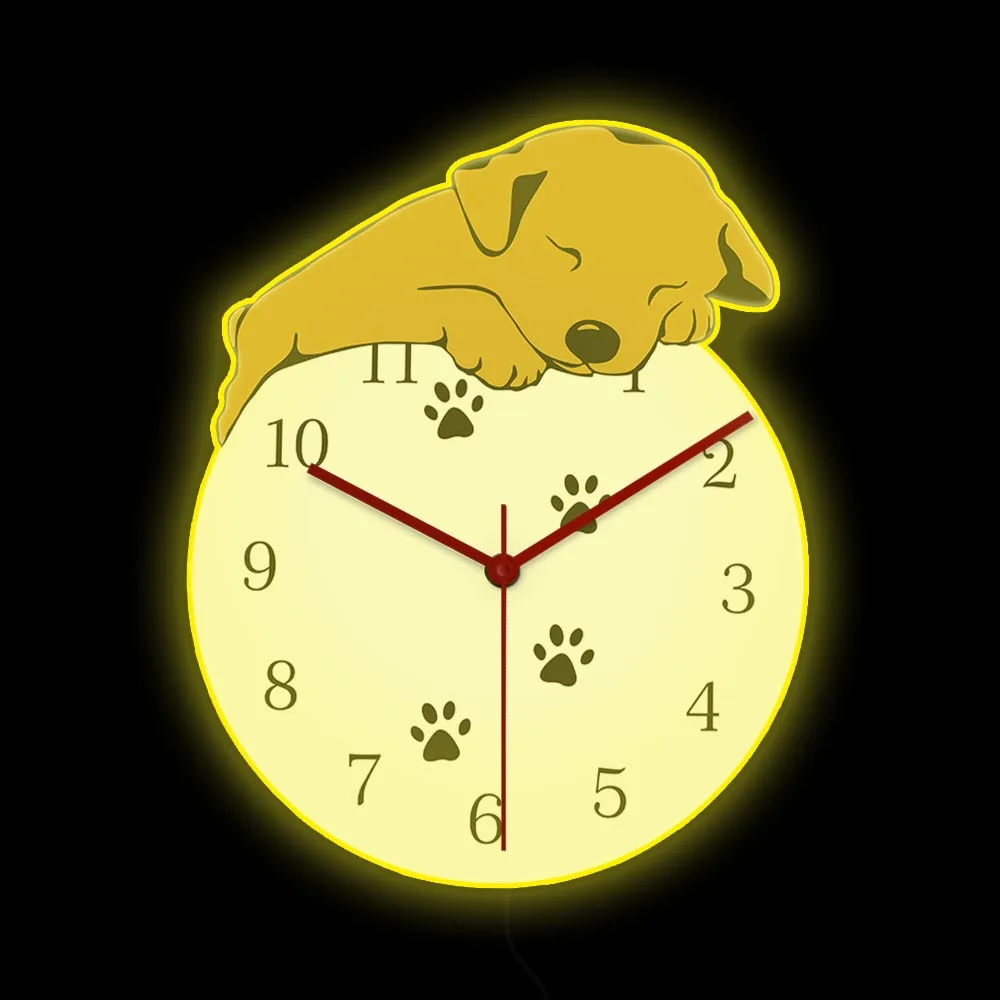 

Sleeping Cartoon Dog LED Lighted Wall Clock For Nursury Kid Room Puppy Taking A Snap Paw Home Decor Luminous Clock Bedside Lamp
