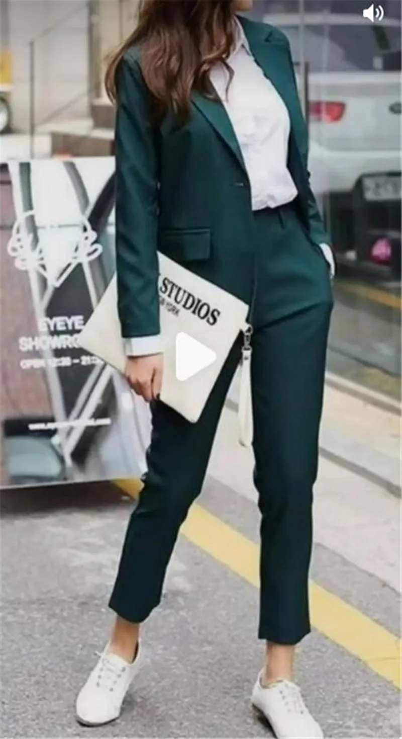 Green Women Bussiness Suit Pants One Button Notched Lapel Slim Lady Blazer Jacket Trouser Set Office Female Clothing