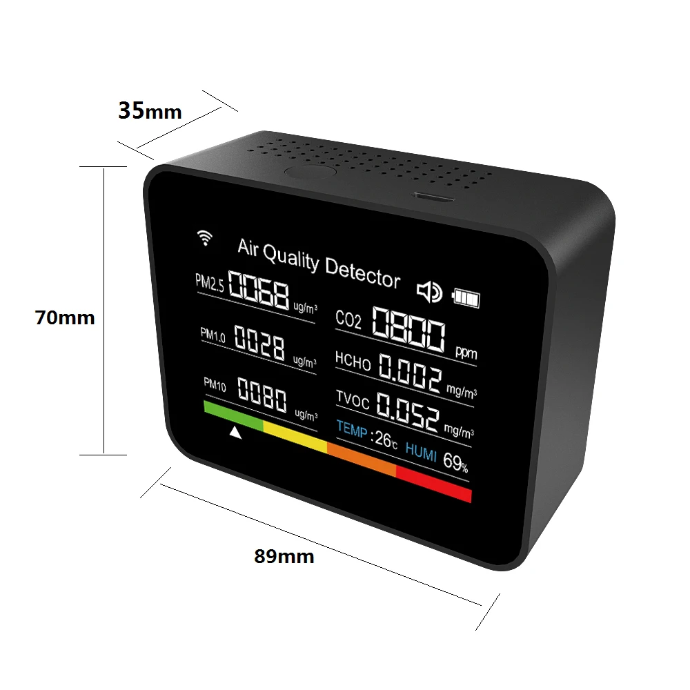A Smart Air Quality Tester - a black rectangular device equipped with numbers and text for indoor environment monitoring.
