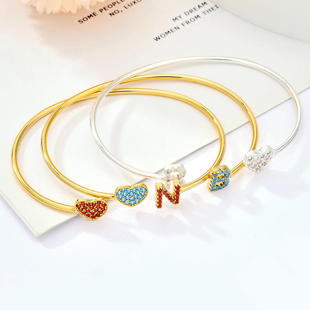 

Personalized Blue Zircon Letter Bracelet Sparkling Crystal 9mm Letter Children's Initial Bracelet Heart Word Bangle Jewelry Gift