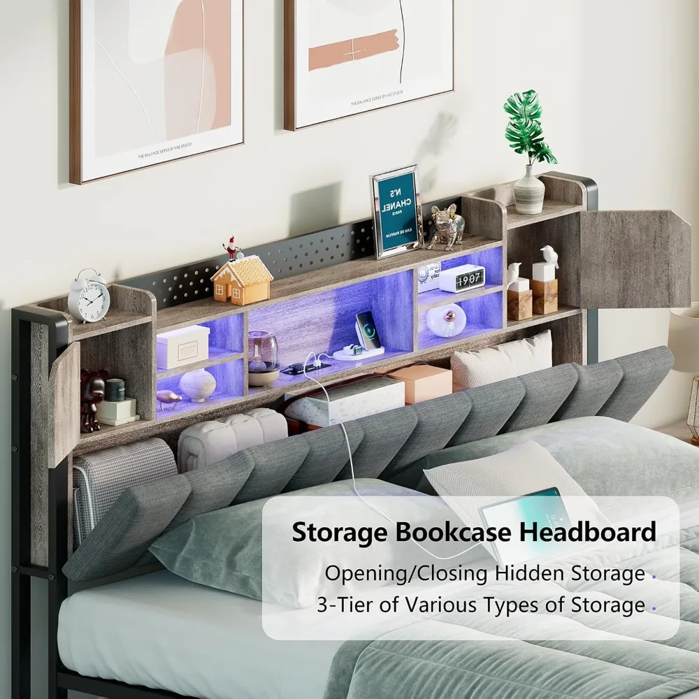 Queen Bed Frame，3-Tier Headboard&2 Hidden Storage,Upholstered Bed Frame with Charging Station, Platform Metal ,Storage，Gray 5
