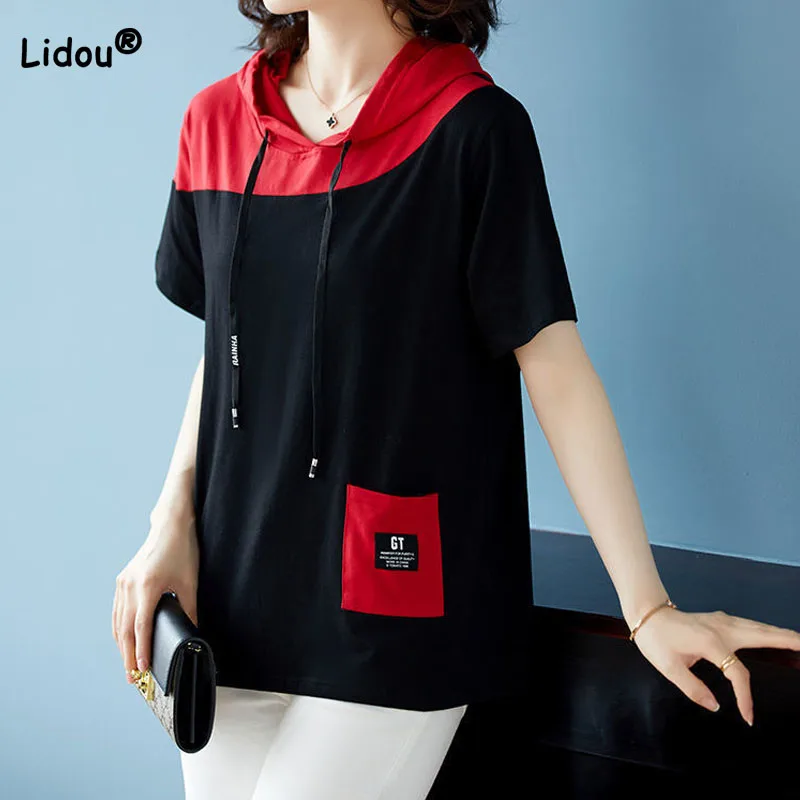 

Summer Women's Fashion Contrasting Colors Spliced Hooded Tops Casual Loose Short Sleeve Chic Pockets T-shirt Female Clothing