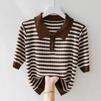 Fashion Women Short Sleeve Striped Knitted Polo Shirts Spring Summer All-match Tees Female Clothing New Pullover Bottoming Tops - Image 4