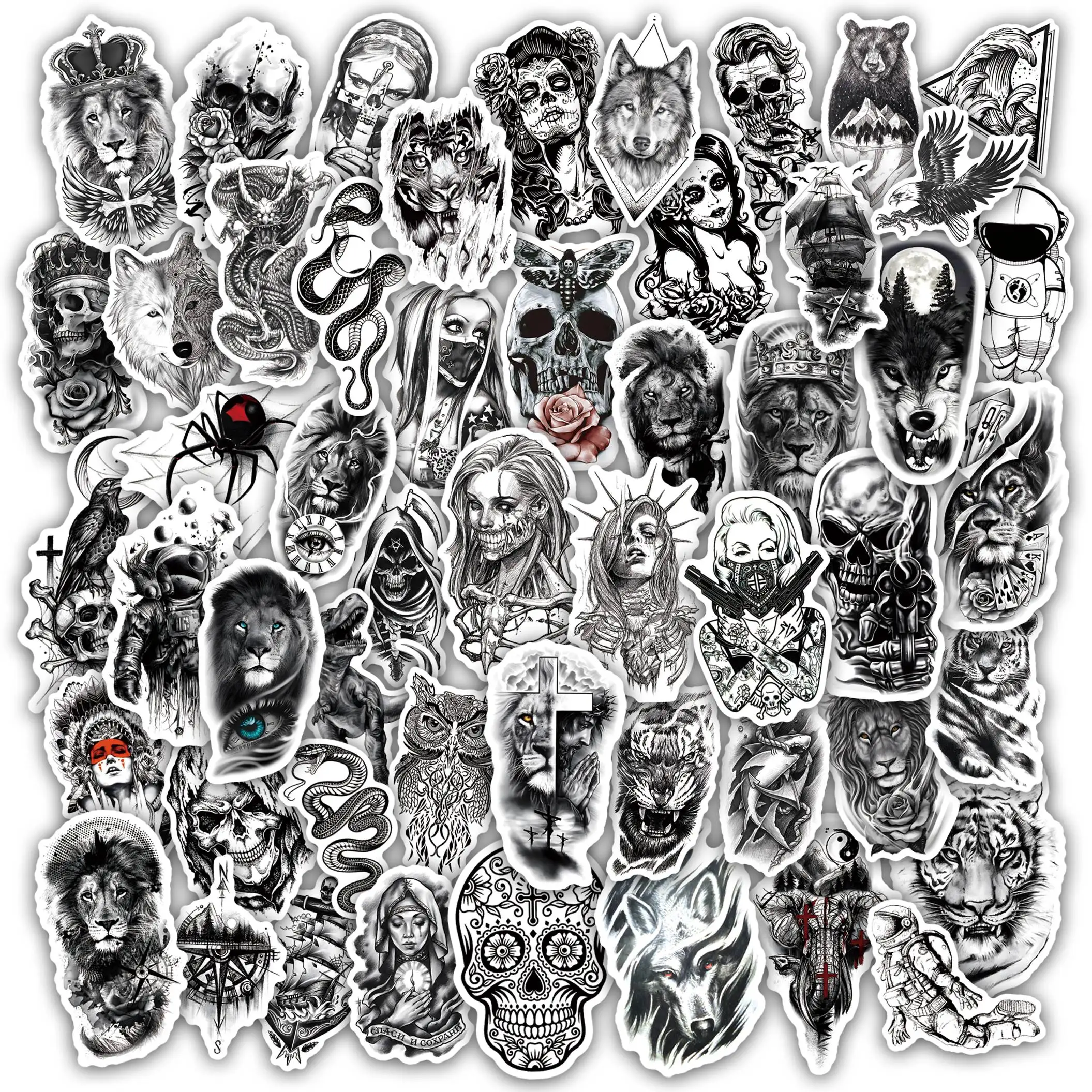 52 Sheets Skull Gangster Bottle Stickers For Adults Teens Black Lion Tiger Vinyl Laptop Decals Bicycle Car Phone 3D Stickers