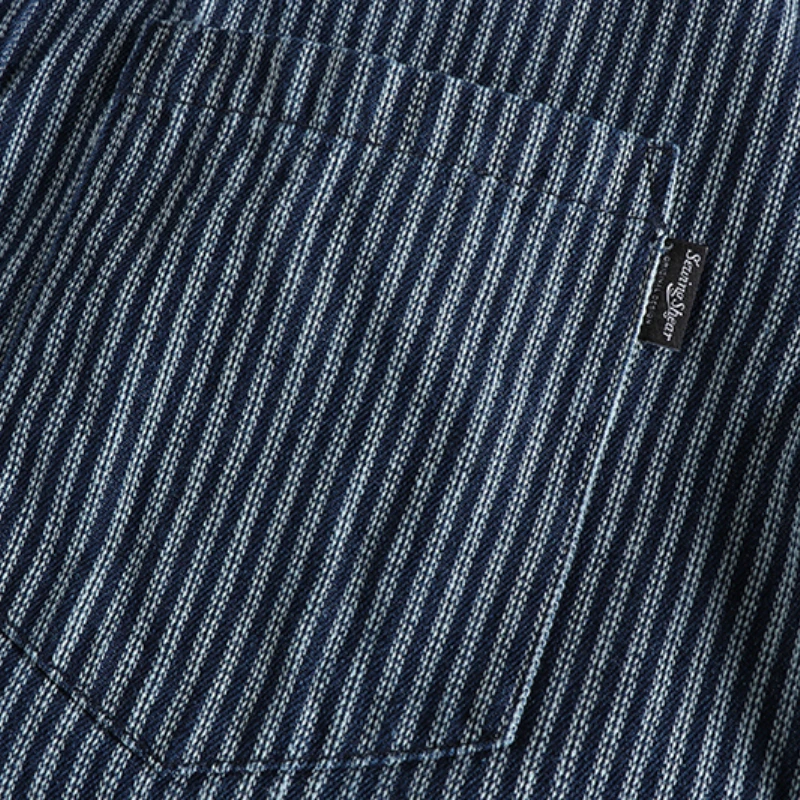 Men's Denim Shirt Vintage Yarn-dyed Striped Simple Pocket Spring and Autumn Youth Thin Coat