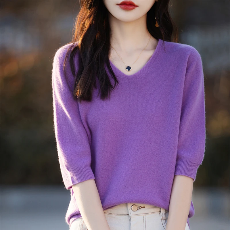 2025 100% ميرينو الصوف محبوك سترة بأكمام قصيرة خط...