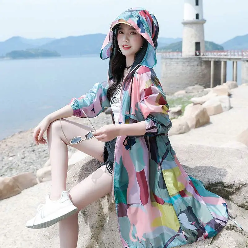 Summer Women's Sun Protection Clothing New UV Protection Jacket Breathable Thin Korean Mid Length Coat Outdoor Active Clothing