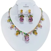 Luxury Waterdrop Pendant Jewelry Set Earring Pink Necklace For Women Bridal Wedding Exquisite Fashion Zircon Party Banquet Gift 5