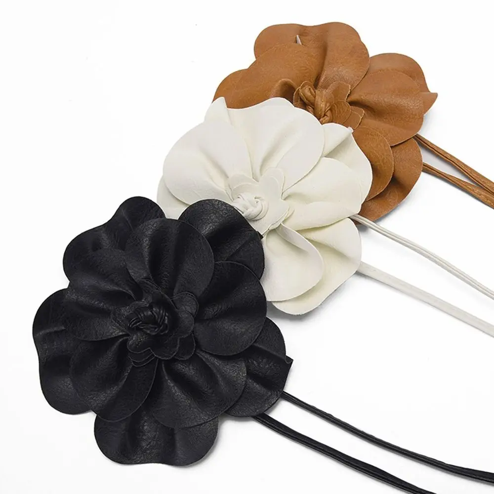 Elegant Floral PU Leather Belt with Decorative Rope Design