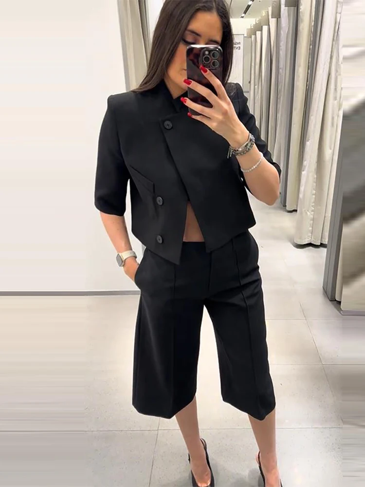 Women's Cropped Asymmetric Stand Collar Short Sleeve Blazer Jacket — photo 5