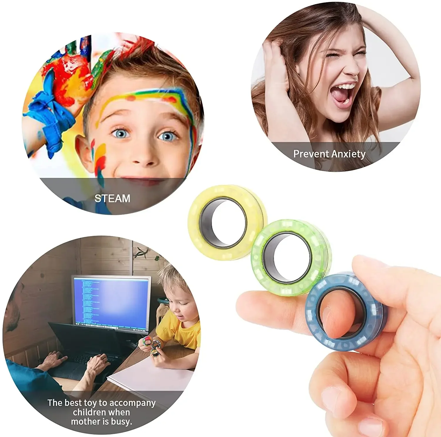 3pcs 손가락 마그네틱 링 다채로운 Fidget 장난감 세트 성인 자석 스피너 링 스트레스 불안 완화 치료