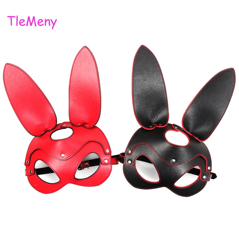 

TleMeny Sexy Cosplay Rabbit Mask With Long Ears Black Red Bunny Face Bdsm Bondage Erotic Fetish Halloween Masquerade Sex Costume