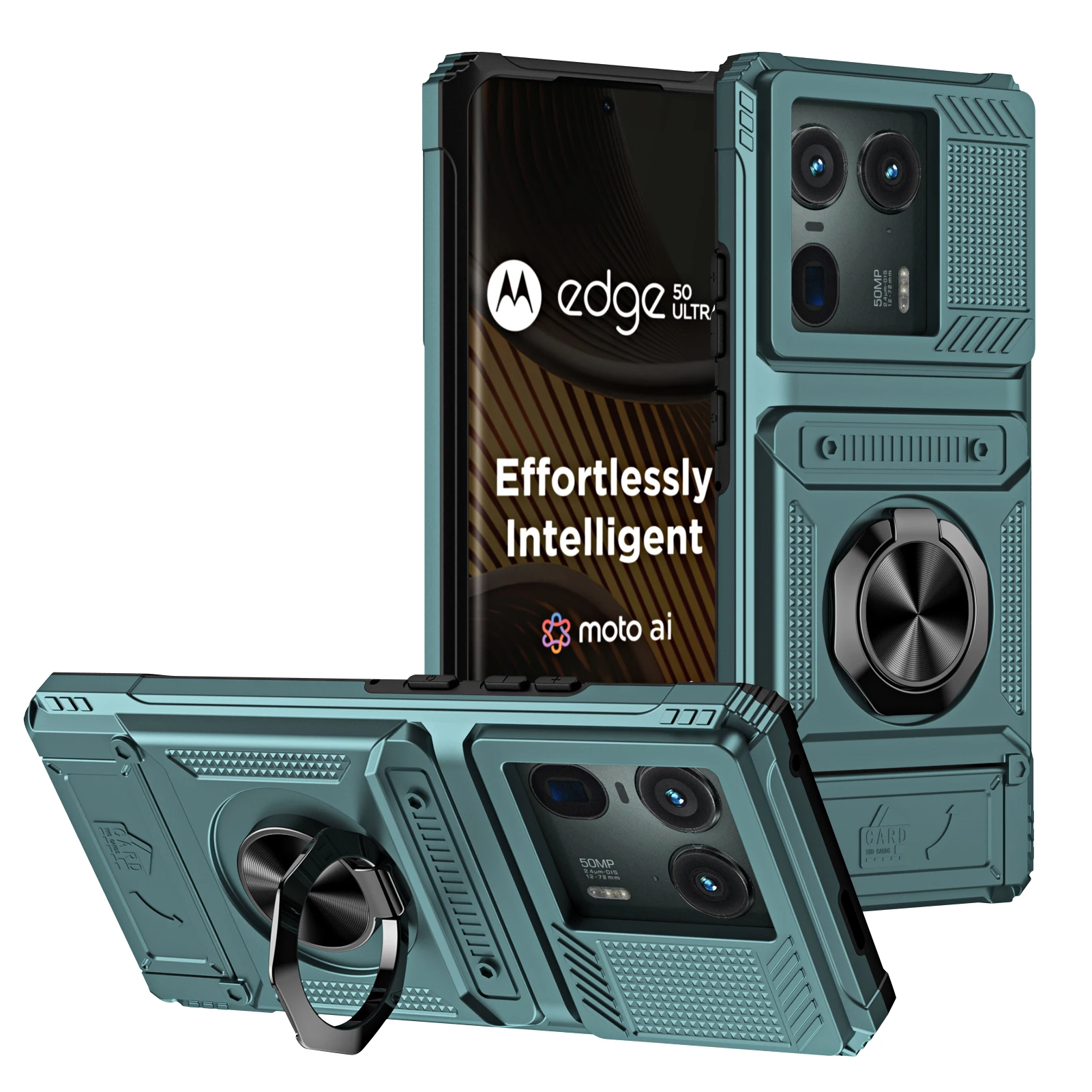 Shockproof Heavy Armor Phone Case with Metal Ring Holder and Hidden Card Slot