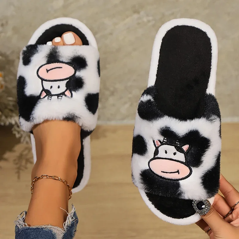 Women's Cute Cartoon Cow Fur Slippers Open Toe Non Slip Indoor House Plush Slides Woman Comfort Flat Heels Home Cotton Shoes