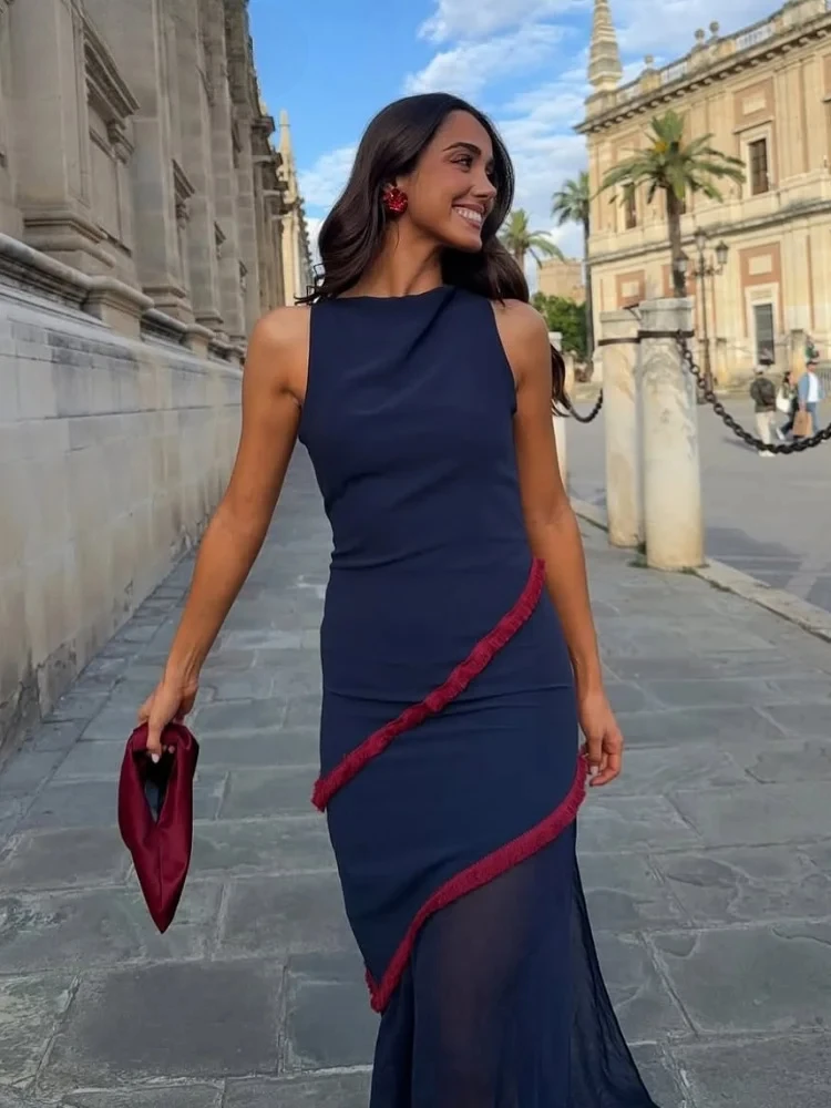 Elegant Stripe Backless Long Dress Women's Contrast Color Slim O-Neck Sleeveless Dresses Summer Female Fashion Party Robes 1