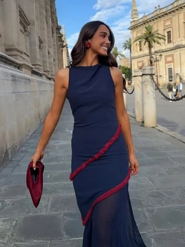 Elegant Stripe Backless Long Dress Women's Contrast Color Slim O-Neck Sleeveless Dresses  Summer Female Fashion Party Robes 1