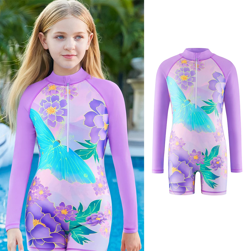 Kinder Mädchen Einteiliger Badeanzug Kinder Outfits Mädchen Langarm Sommer Bademode Strand Rash Guard Shorts Badeanzug 3-12 Jahre