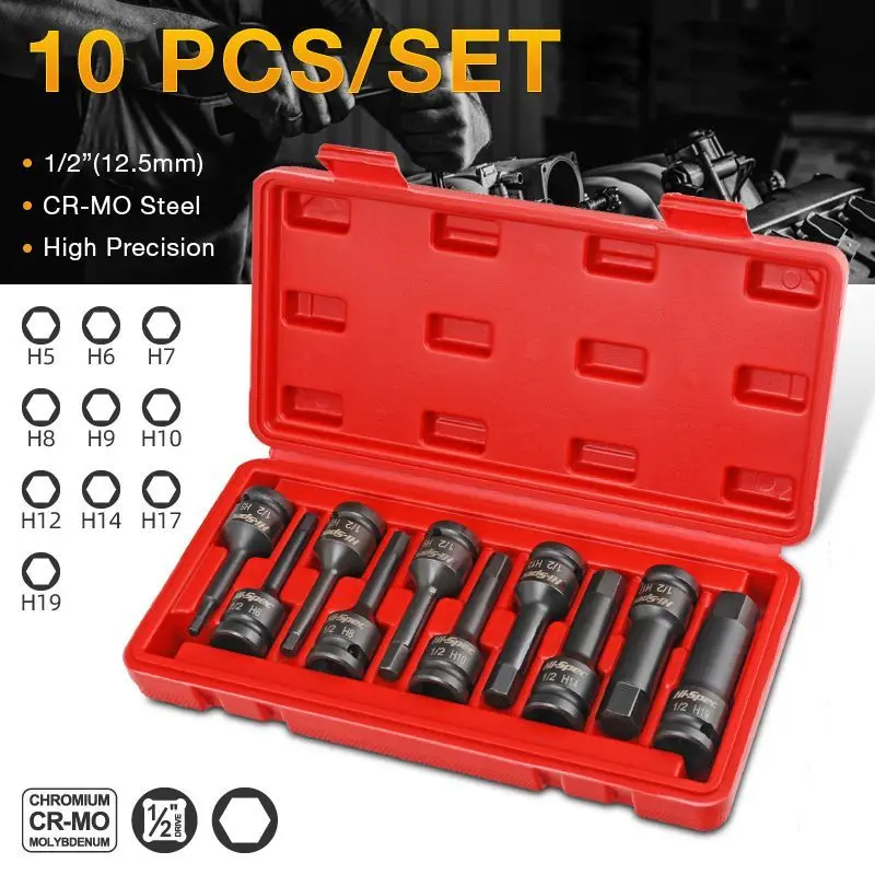 

1/2” Pneumatic Wrench Hexagonal Drive Bits Kit Cr-V Steel Hex Socket Driver ToolKit Metric Power Nuts Driver Drill Bit Tools Set