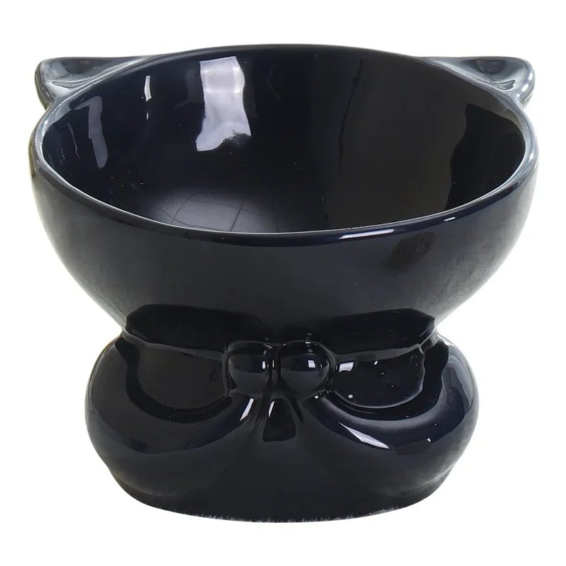 Ceramic Cervical Protection Bowl Drinking Water Slanted Eating Basin High Feet Tall Dog Cat Bowl Tableware Pet Product Black 1Pc