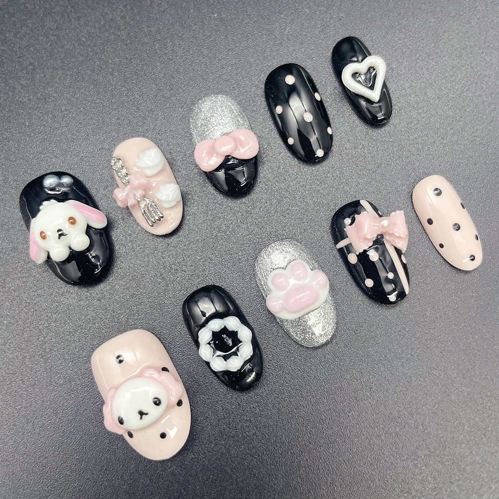 Kawaii Kaninchen-Bär Schokoladencreme Design Press-On Nägel Kurze Runde Form Niedliche Rosa Süße Keks 3D Puppen Cartoon Künstliche Nägel – Detail 18