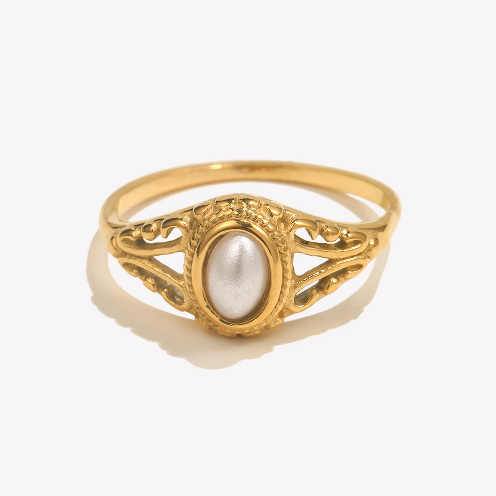 Gold Plated Rings Golden Ring Gold Rings E.B.belle Thin 18K Gold Plated Hollow Texture Natural Freshwater Pearl Rings For Women Stainless Steel Tarnish Free Gold Ring