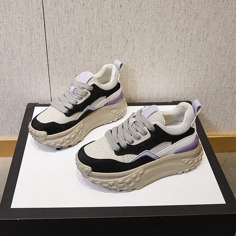 Fujin 6cm Genuine Leather Platform Mesh Breathable Sneakers