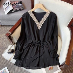 Vintage Elegant Embroidery Hollow V Neck Tunic Ladies Tops Blouses Fashion Ruffle Drawstring Solid Long Sleeve Shirts for Women