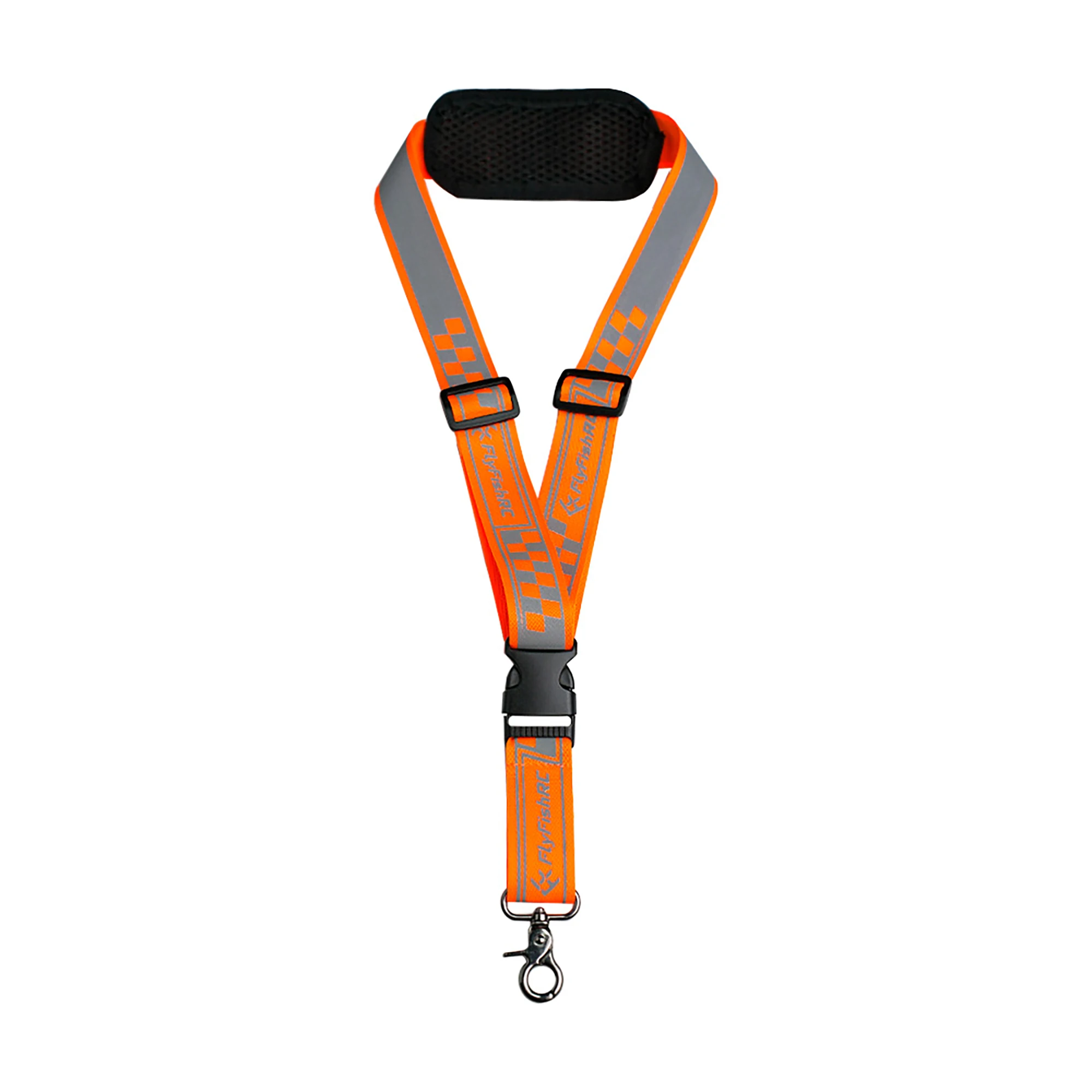 Utilisateur portant la sangle FlyFishRC attachée à une radio ELRS, montrant le confort d'utilisation en FPV.