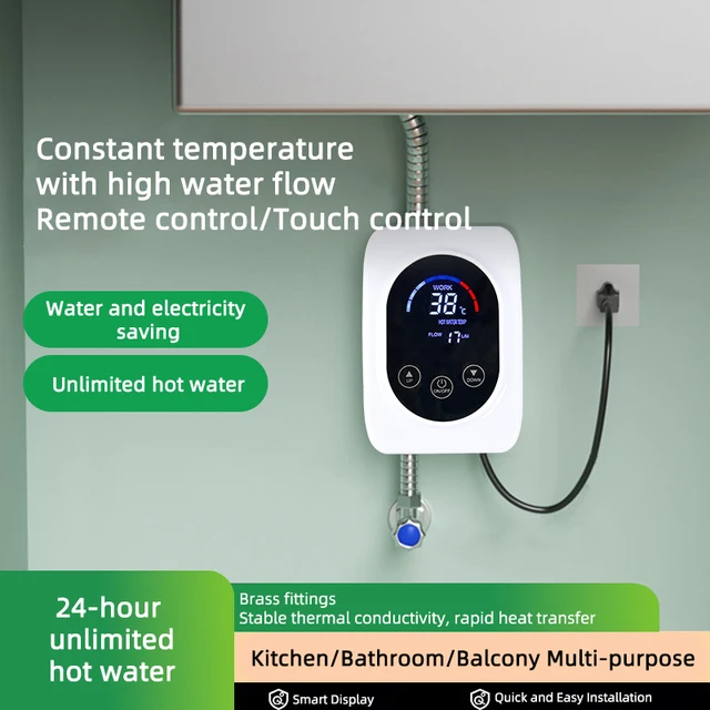 เครื่องทำน้ำอุ่นทันที 110V/220V สำหรับห้องน้ำและห้องครัว ติดผนัง พร้อมหน้าจอ LCD แสดงอุณหภูมิ และรีโมทคอนโทรล 1