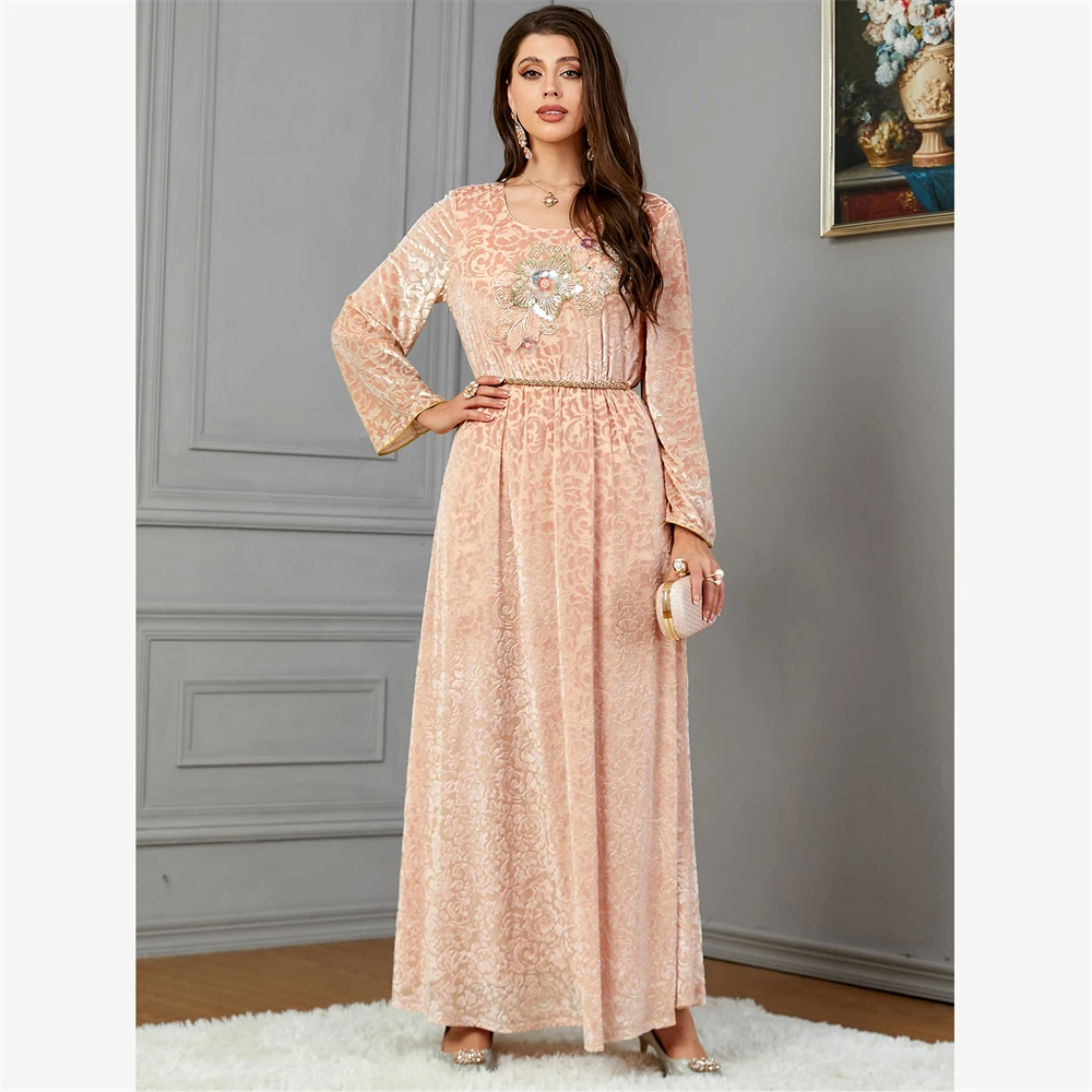 

Autumn Winter Thick Muslim Velvet Print Long Dress Women Flower Beading Dubai Abaya Arabic Islam Jalabiya Moroccan Evening Party