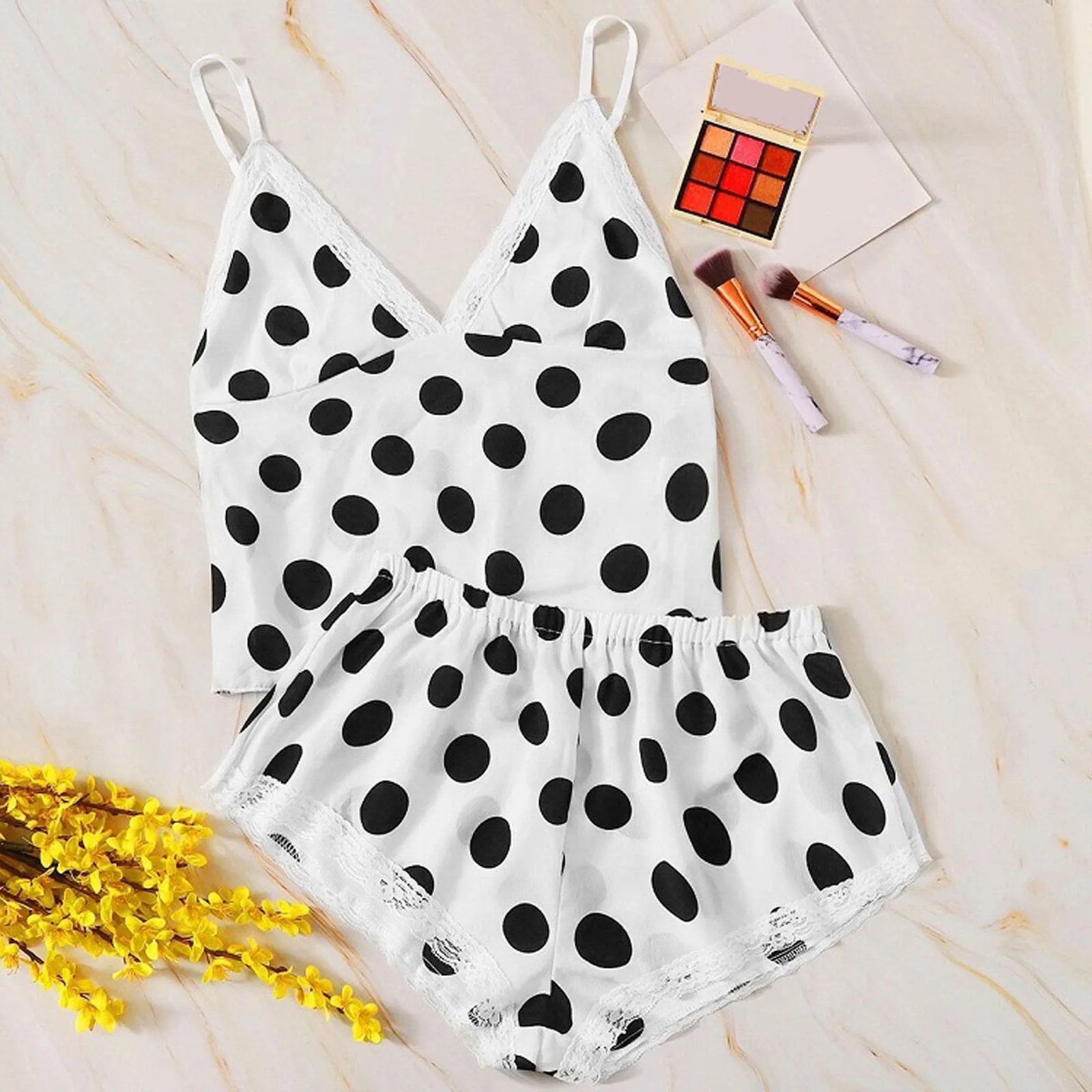 

Polka Dot Lace Women's Pajamas Set Spaghetti Strap Sleepwear Sexy Satin Silk V-neck Sleeveless Cami Top And Shorts Female Summer