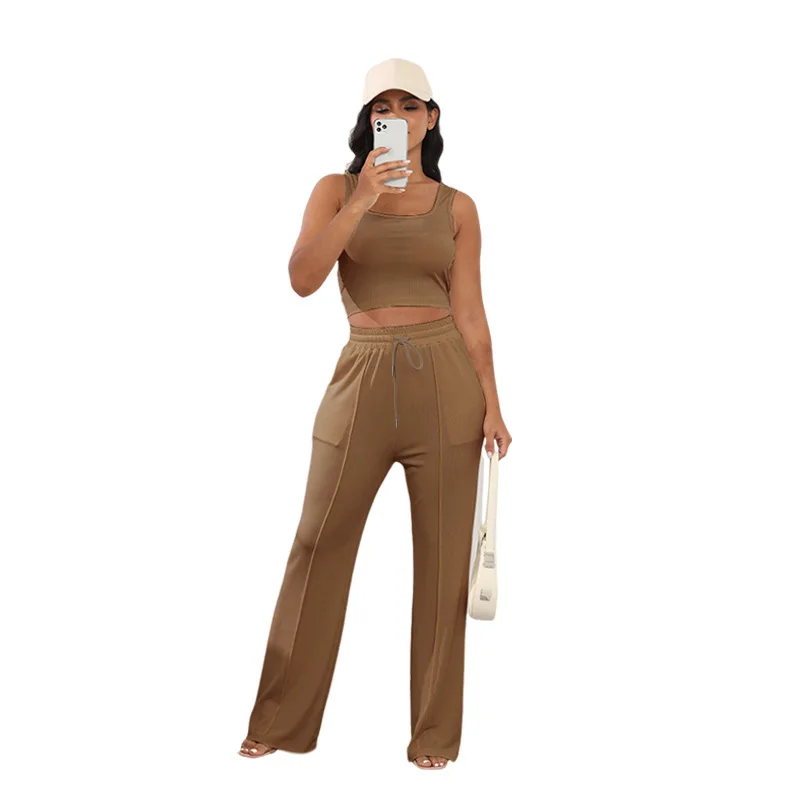 Summer New Women's Thread Knit Sleeveless Crop Top High Waist Wide Leg Pants Suit Fashion Casual Sexy Women's Two-piece Suit