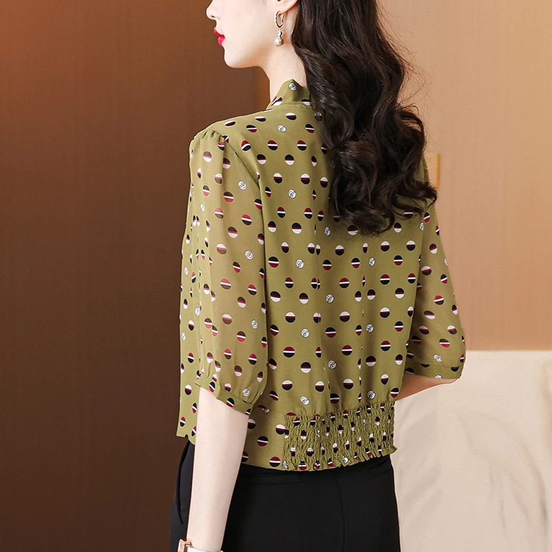 2024 Summer New Women's Elegant Casual Loose Button Tie Up with Printed V-Neck Silk Polka-dot Half Sleeve Commuter Shirt Tops