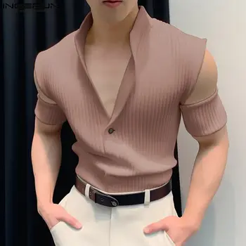 INCERUN 한국 스타일 멋진 남성 니트 오프 숄더 티셔츠, 캐주얼 솔리드 스탠드 넥 반팔 카미세타 S-5XL, 2024