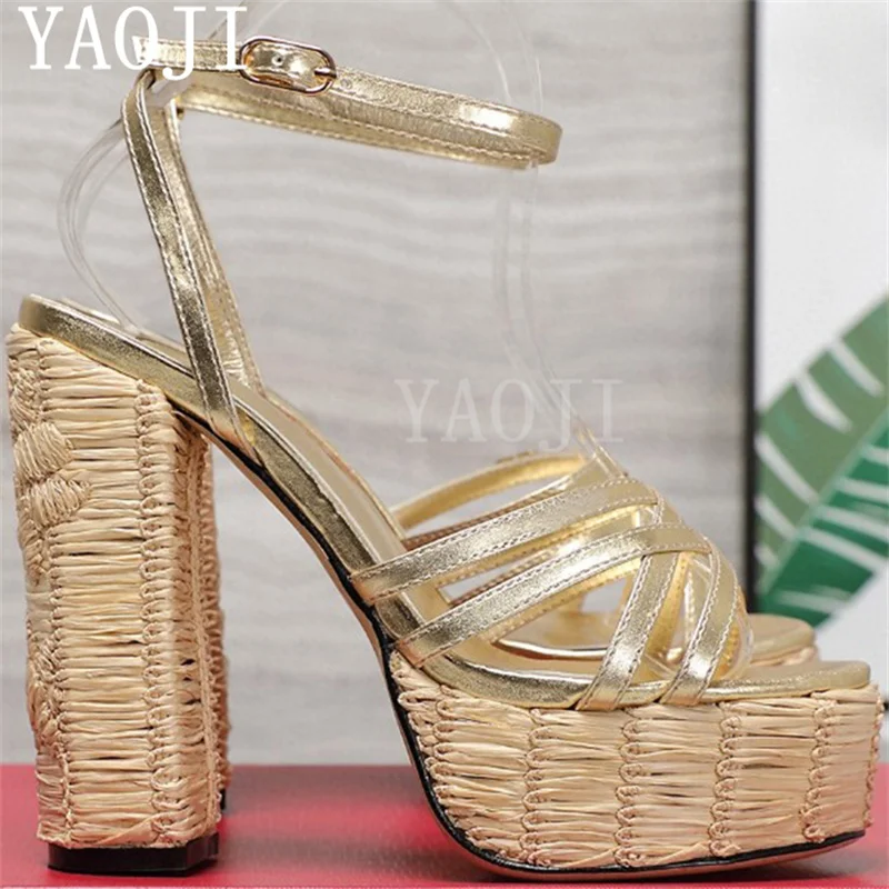 

Sexy Platform Cane Chunky Heel Sandals Women Genuine Leather Summer Pumps Open Toe Super High Heels Ankle Strap Party Sandals