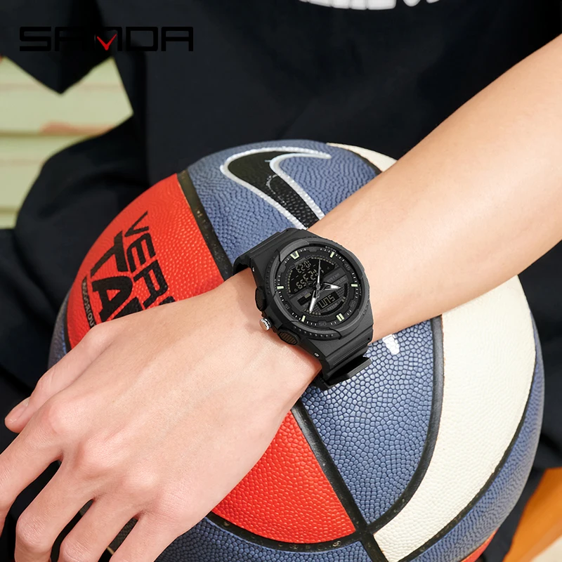 New 2023 Top Men's Watch Fashion Trend Casual SANDA 9030 Men's and Women's Waterproof Dual Display Alarm Clock Wristwatch
