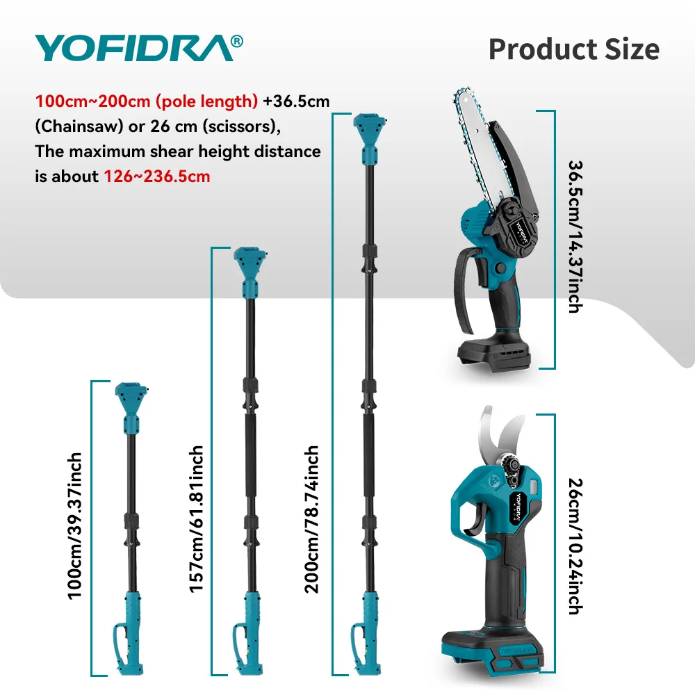YOFIDRA Bürstenlose Teleskop-Elektrokettensäge, hochskalierbare Astschere, Gartengerät für Makita 21V Akku – Detail 6