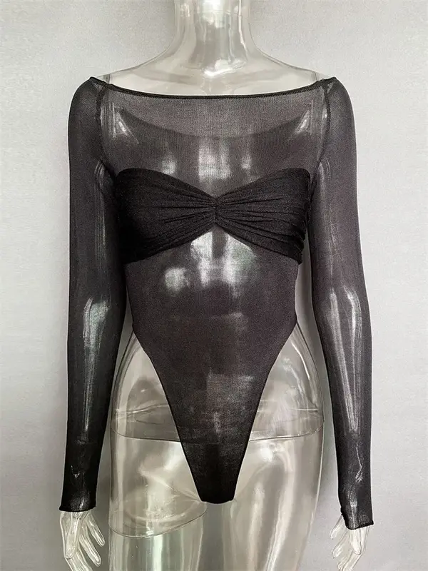 Trendix See Through Sexy Bodycon Bodysuit Lingerie Women 2024 Long Sleeve Mesh Body Top Fashion Twist Backless Tees Bodysuits - Image 9