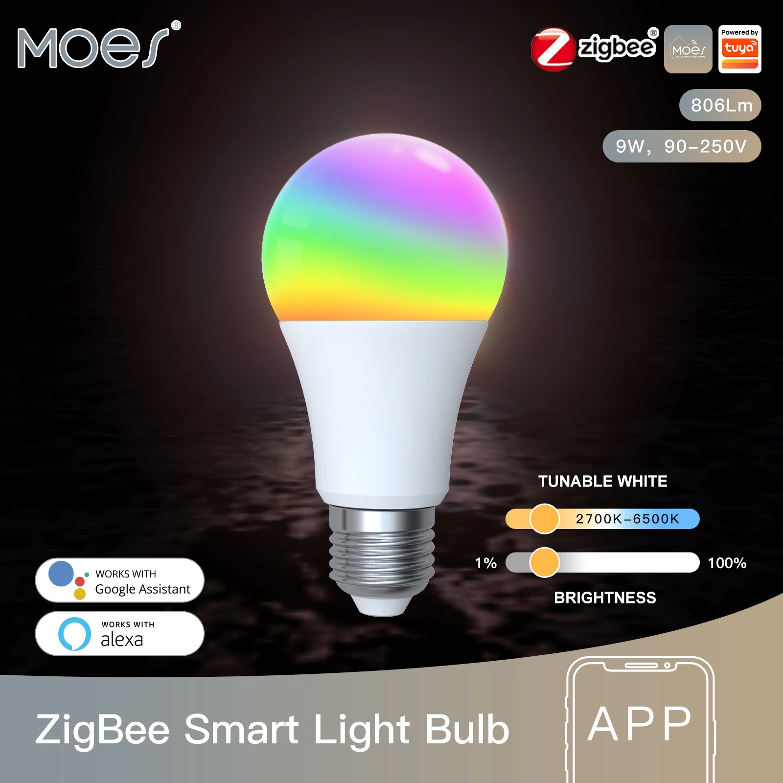 MOES-Lâmpada LED Inteligente ZigBee, Lâmpada RGB Regulável, Tuya E27, 806Lm, Aplicação Smart Life, Controlo Remoto, Alexa, Google Voice, 9W, 90-250V