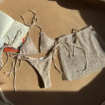 2025 New Halter Strappy Hollow Out Skirt Bikini Female Swimsuit Women Swimwear 3 pieces Bikini set Bather Bathing Suit S 1