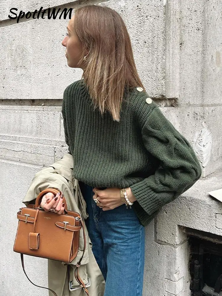 

Женский Однотонный свитер с длинным рукавом и круглым вырезом