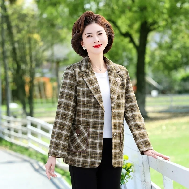 Lined Suit Woolen Short Coat Simple High-end Fashion Middle-Aged And Elderly Women Loose Casual Temperament Slim Plaid Top  Tide