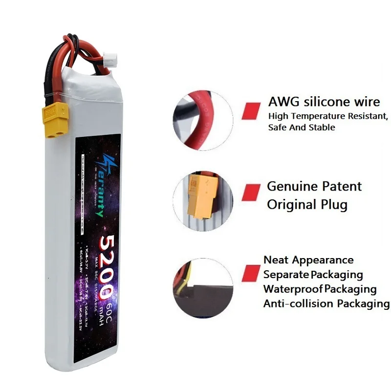 Batterie LiPo 2S 7.4V 45C haute décharge avec étiquette indiquant capacité 1500-2700mAh.