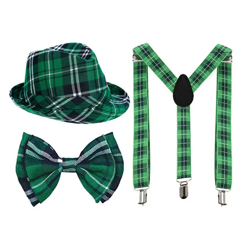 Irish Festival Costume Hat Plaid Green Colorfast Cosplay with Brim Saint Patrick Day Accessories Shamrock Bow-knot Suspender