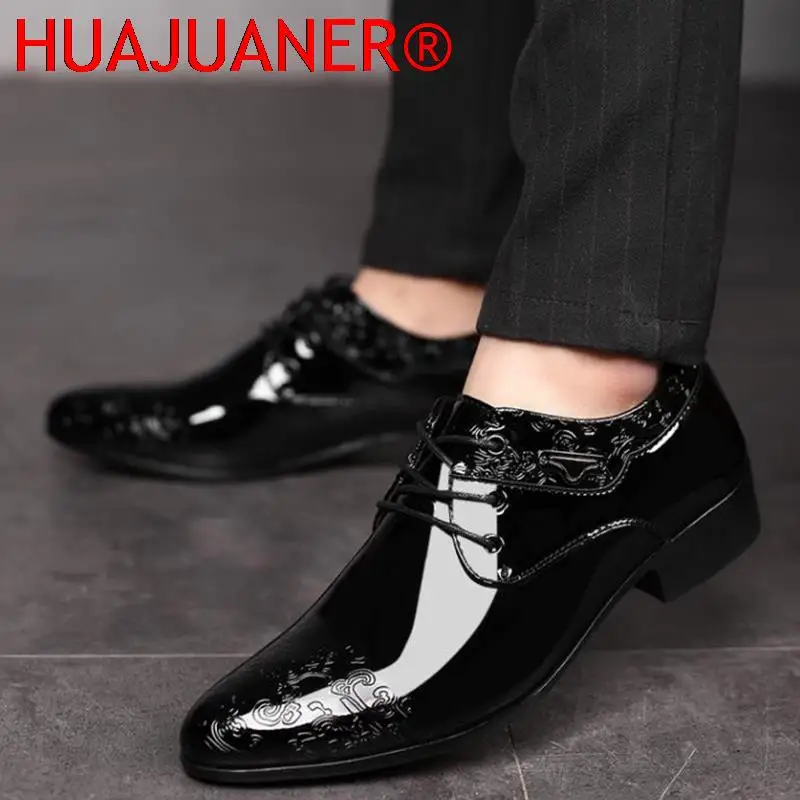 Casual Business Shoes for Men Dress Shoes Lace Up Formal Black Patent Leather Brogue for Male Wedding Party Office Oxfords