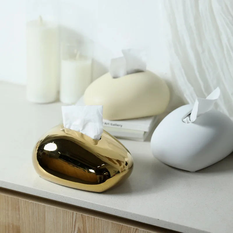 Gold Ceramic Tissue Box Pebble Ellipsoid Desktop Storage Container Toilet Paper Holder Napkin Holder Kitchen Organizer 2