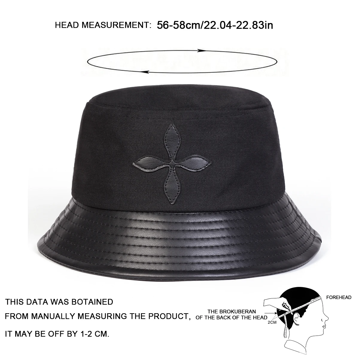 Unisex Cross Flower Label Persönlichkeits-PU-Leder Splice Bucket Hats Fischerhüte Outdoor Freizeitmütze Sonnenschutzhut – Detail 4