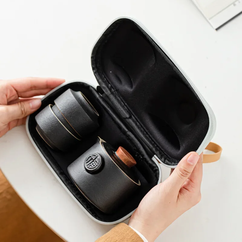 Ceramic minimalist travel kung fu tea set Japanese portable outdoor one pot two cups household tea making pot